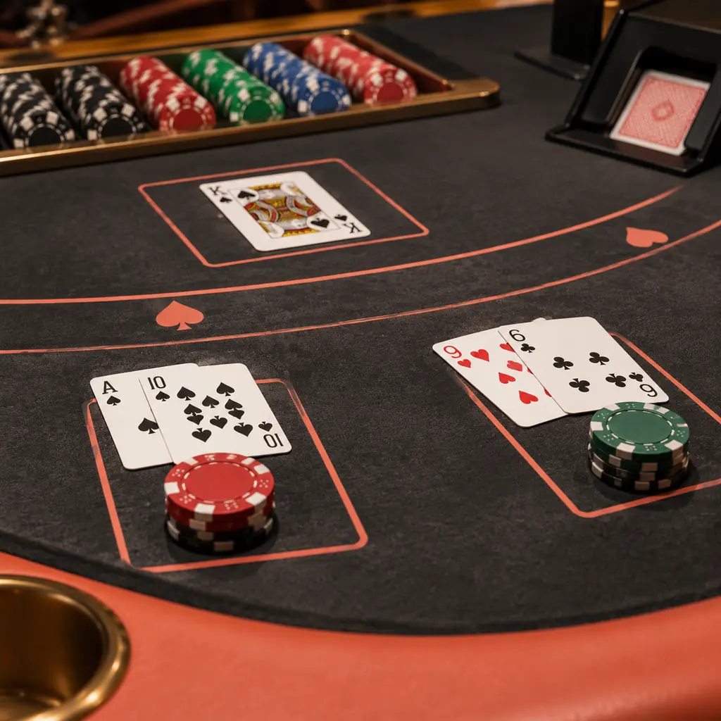 Kartu dan cip tersusun di meja blackjack