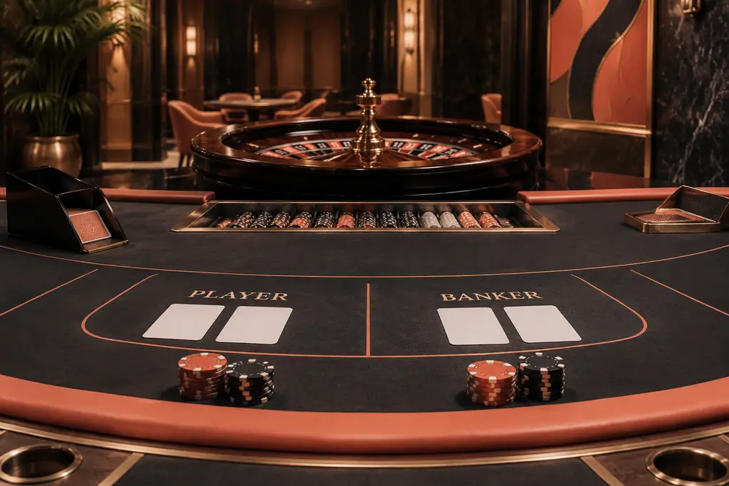 Ruang kasino dengan meja bakarat dan roda roulette dalam pencahayaan koral yang hangat