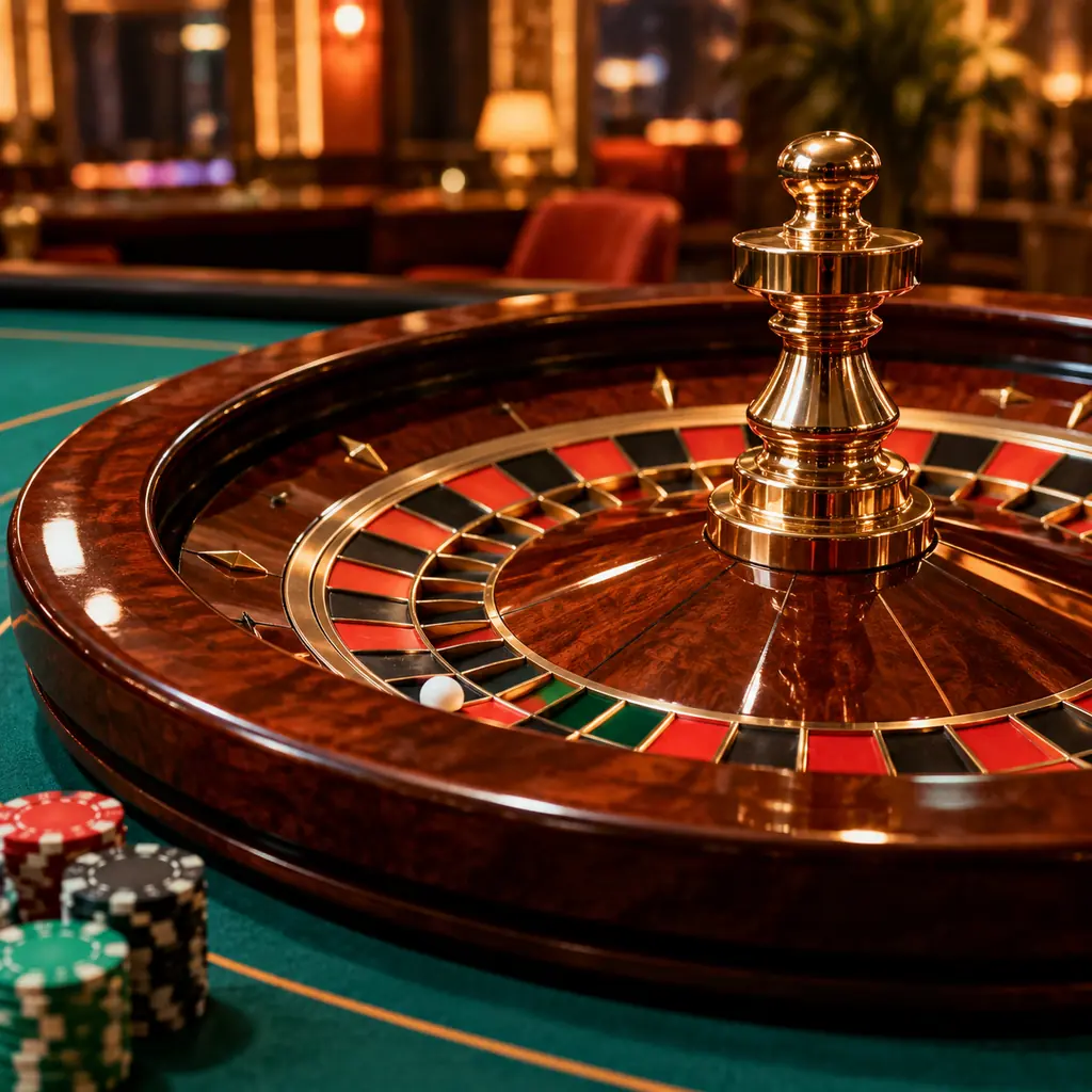 Roda roulette dan bola putih di samping kain meja kasino