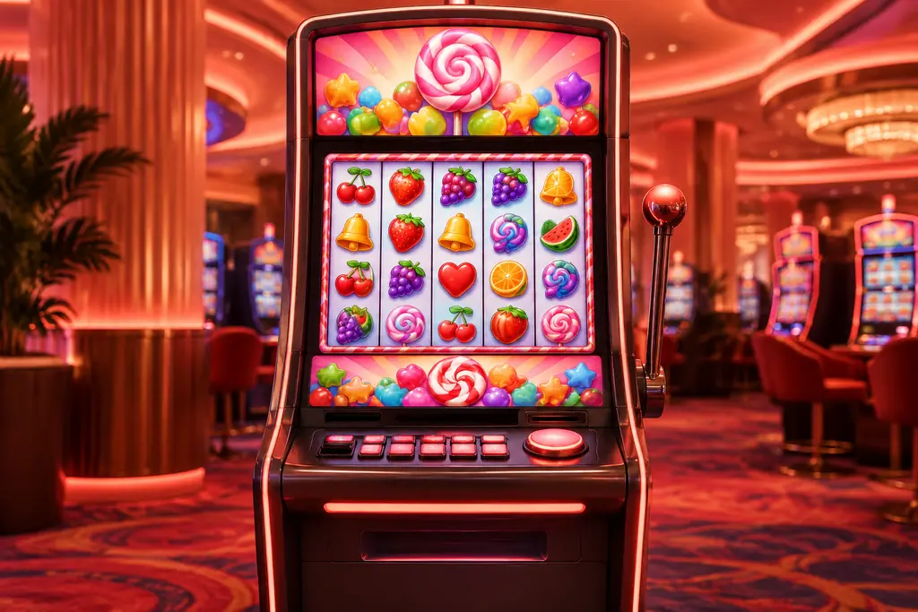 Mesin slot bertema permen dan buah di ruang kasino